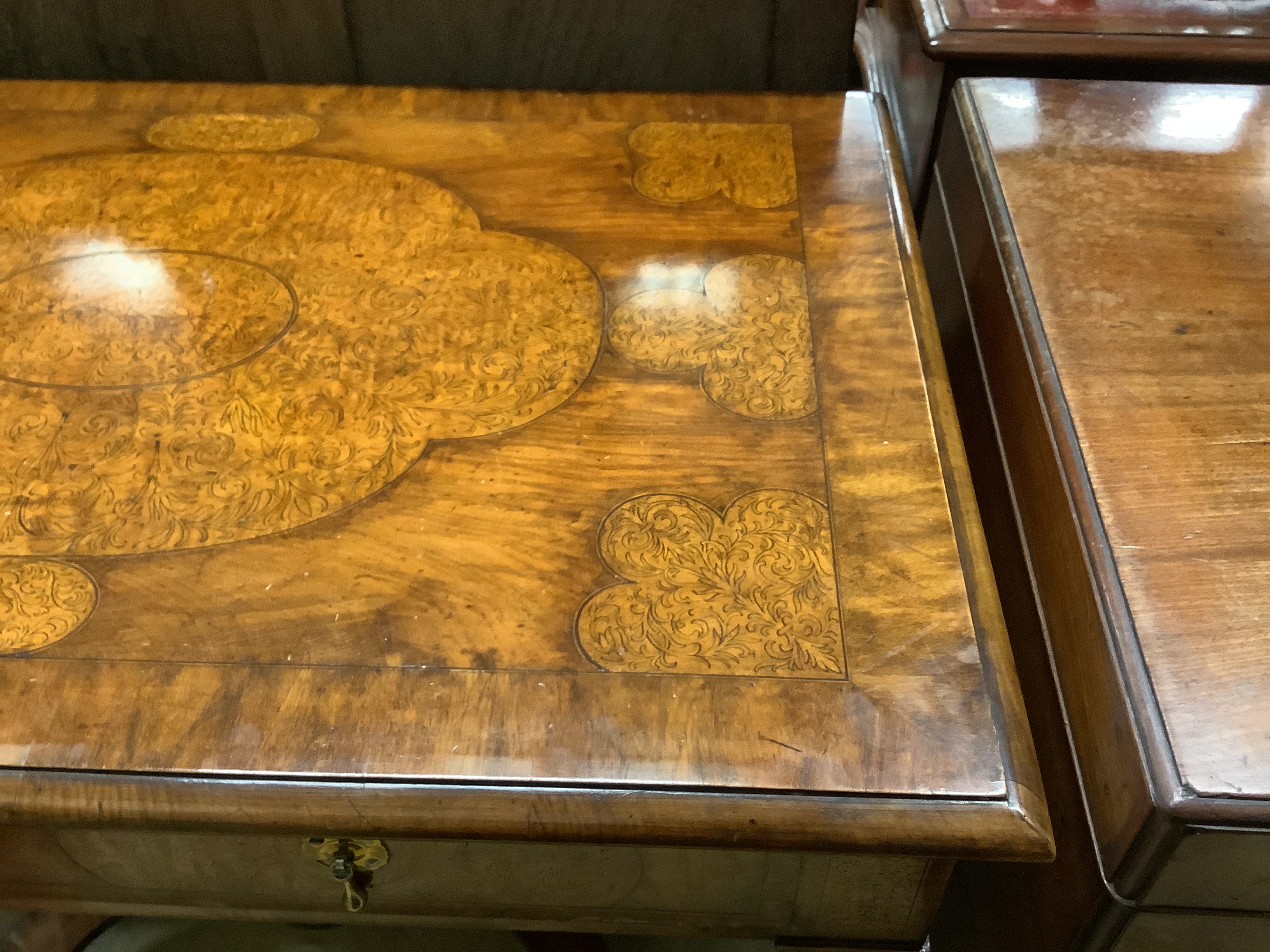 A William and Mary style walnut and marquetry side table, width 96cm, depth 64cm, height 74cm